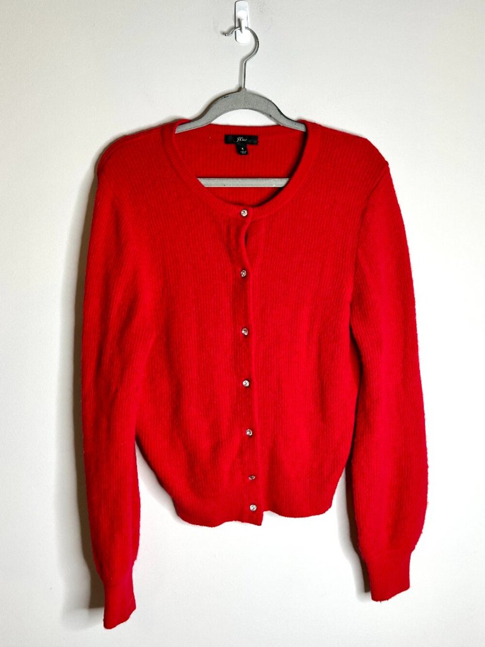 J. Crew Red Ribbed Cardigan with Jeweled Buttons in Supersoft Yarn Festive Sz S